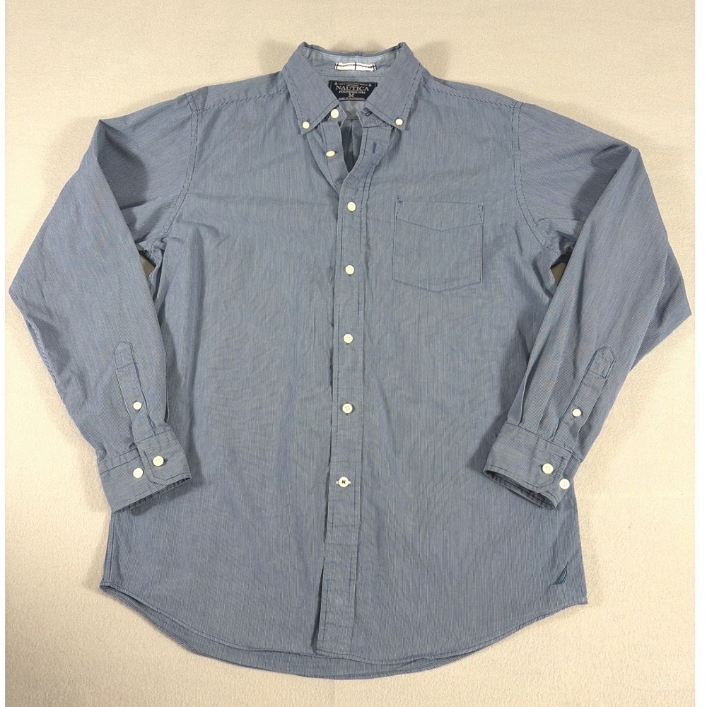 Nautica Mens Blue White Micro Stripe Button Down Shirt Size M Long Sleeve Cotton